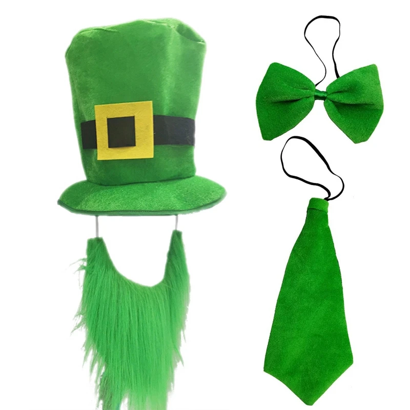 

Saint Patricks Day Cosplay Costume Suit 3 In 1 Top Hat with Beard Adjustable Green Bow Tie Necktie Set Irish Party Favors K0AA
