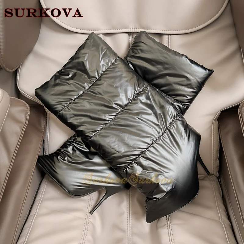 Джинсовые свободные сапоги до колена прямые роскошные модные на шпильке с острым