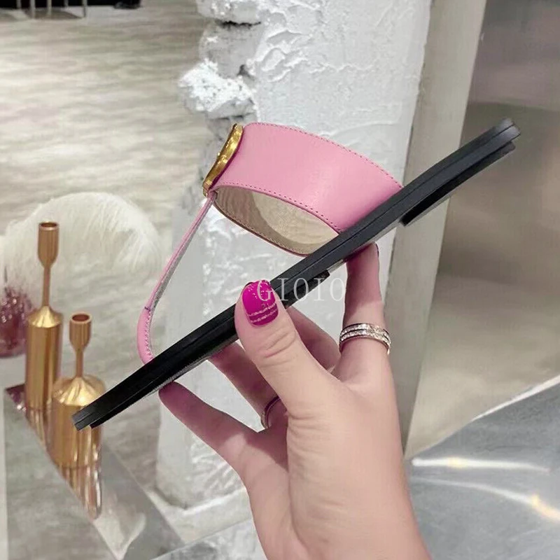 Ladies Slippers 2023 Fashion Flat Slips Ladies Summer Metal Trim Leather Luxury Slippers Outdoor Flip Flops Casual Beach Shoes