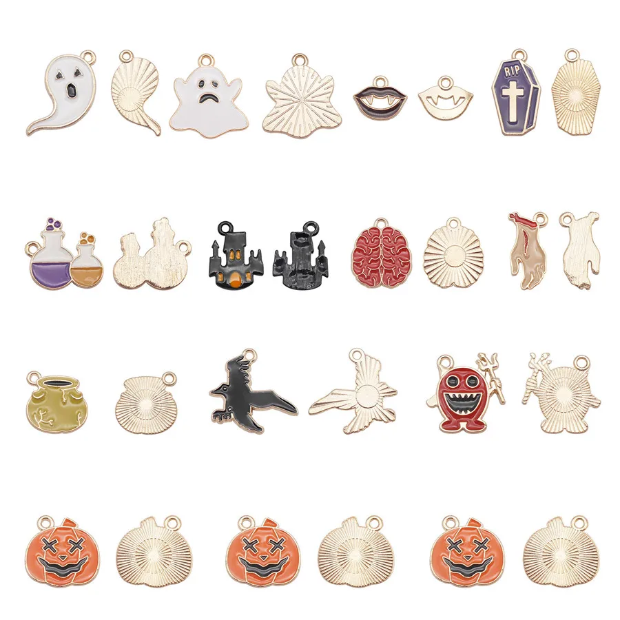 

12PCS Enamel Halloween Charms Alloy Ghost Demon Raven Coffin Brain Hand Pumpkin Pendant For Bracelet Findings Jewelry Accessory