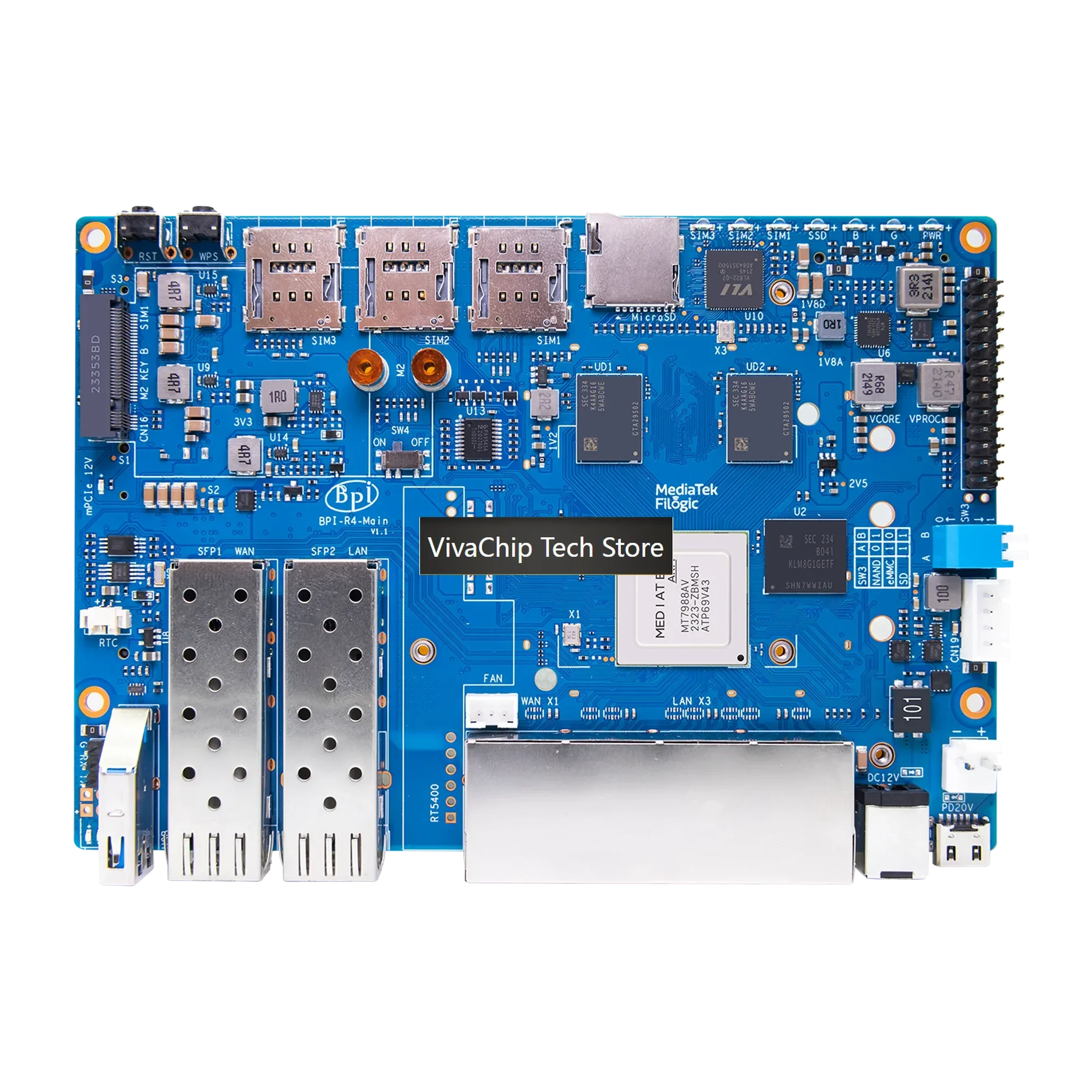 Фото VivaChip TechBanana Pi BPI-R4 4 ГБ DDR4 8 ГБ EMMC MediaTek MT7988A (Filogic 880) Четырехъядерный процессор Arm Cortex-A73, одноплатный компьютер с флеш-памятью №3