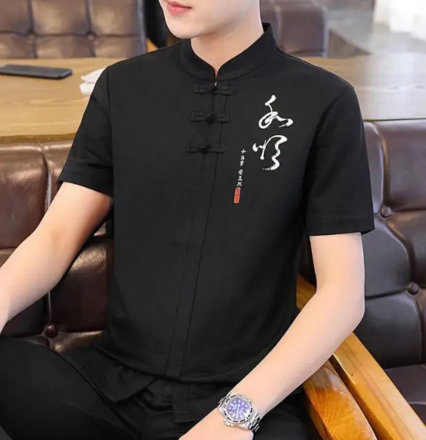 

Футболка ABD288 мужская с воротником-стойкой, стильная тенниска из хлопка и льна, модная майка с короткими рукавами, лето