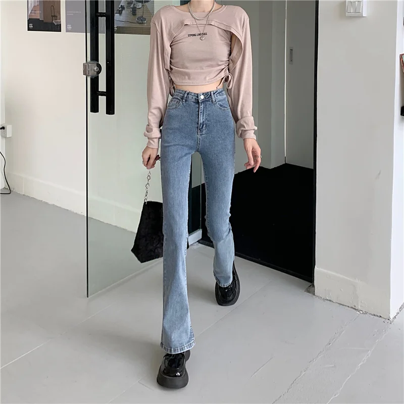 N0913   New high-waisted micro-flare jeans women's slim design niche pants jeans
