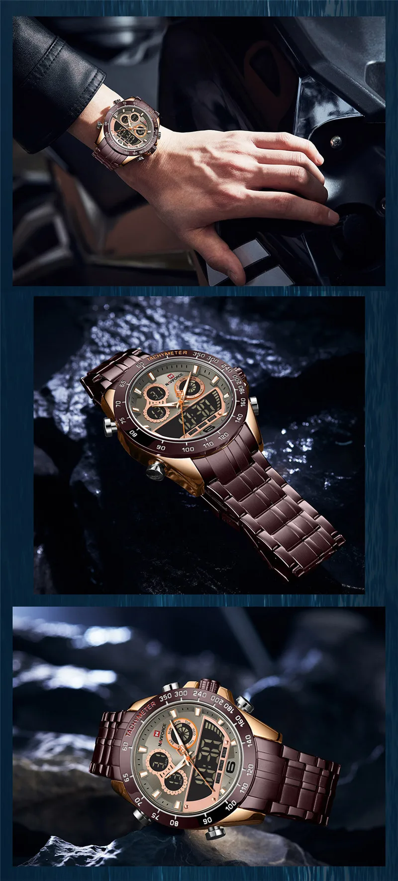 NAVIFORCE светодиодный мужские часы ведущей марки роскошные синие из нержавеющей