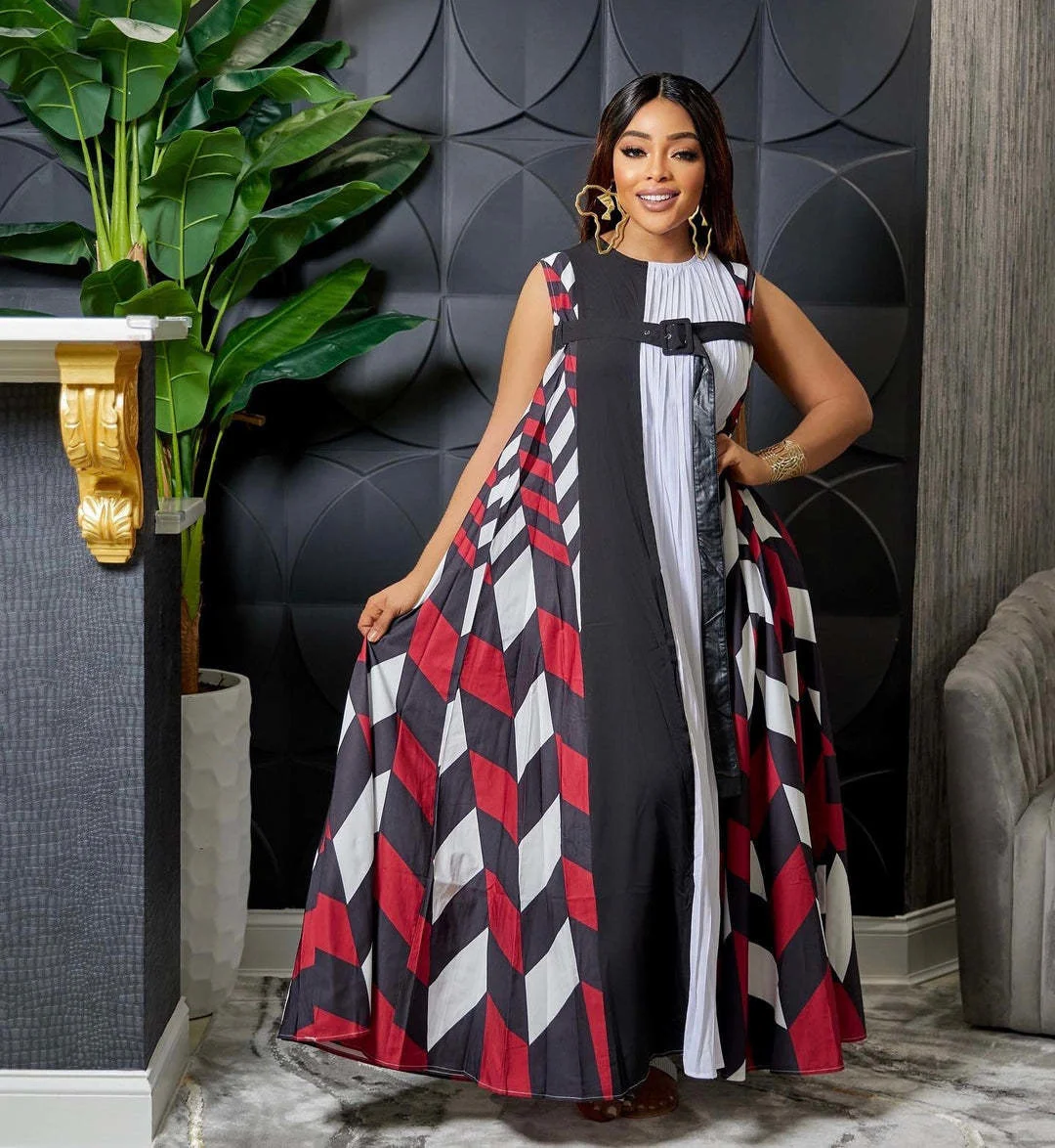 

Женское платье без рукавов, Элегантное Длинное свободное платье с круглым вырезом и принтом в стиле пэчворк, весенне-летняя одежда со шнуро...