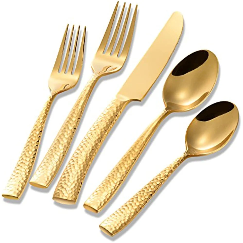 

Gold Silverware Set Flatware Set Cutlery Set Stainless Steel Hammered Mirror Polished 20 Pieces Home Hotel Use Wedding