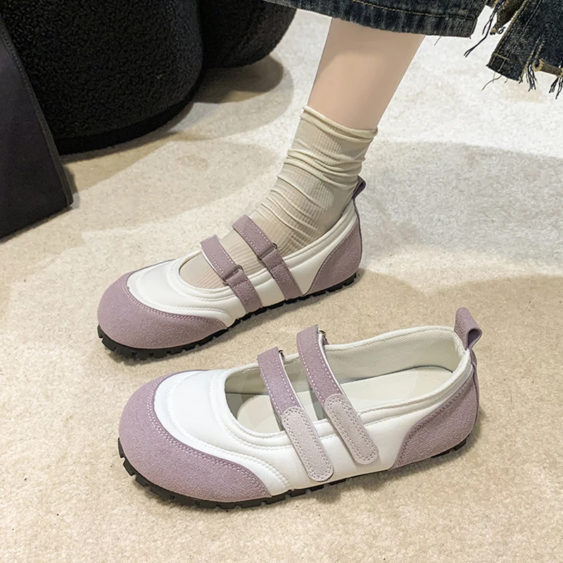 Cute Soft Puff Lolita Shoes Woman Sweet Pink Purple Ballet Flats Ladies Round Toe Thick Sole Double Straps Ballerina Loafers