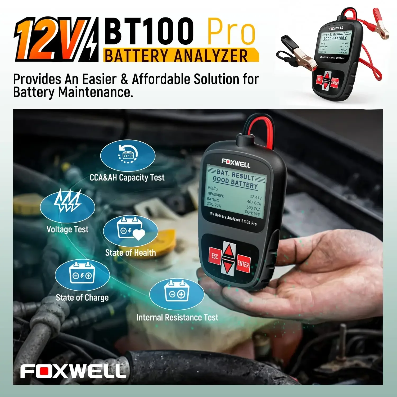 FOXWELL BT100 Pro 12 В тестер автомобильного аккумулятора для Flooded AGM GEL 100 до 1100CCA 200AH