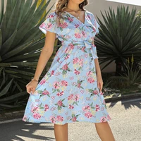 womens summer v neck short sleeve bohemian knee length dress high waist floral chiffon fashion chic beach ladie dresses