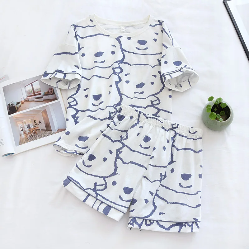 Pajamas for Women Summer Short Sleeve Shorts Suit Cotton Thin Brief Strokes Bear Crew Neck  Nightwear Simple Leisure Home Sleep