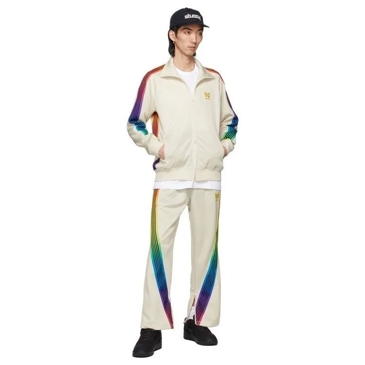 

Ribbon High Quality Rainbow AWGE Needles Sweatpants Men 1:1 Jogger Webbing Striped Women Trousers Butterfly Embroidery Pants