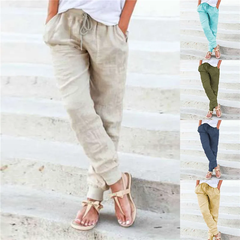

Loose Cotton Linen Pant Women Soft Harem Pants Breathable Slim Ankle Length Pants Korean Leisure Hallen Pants Black