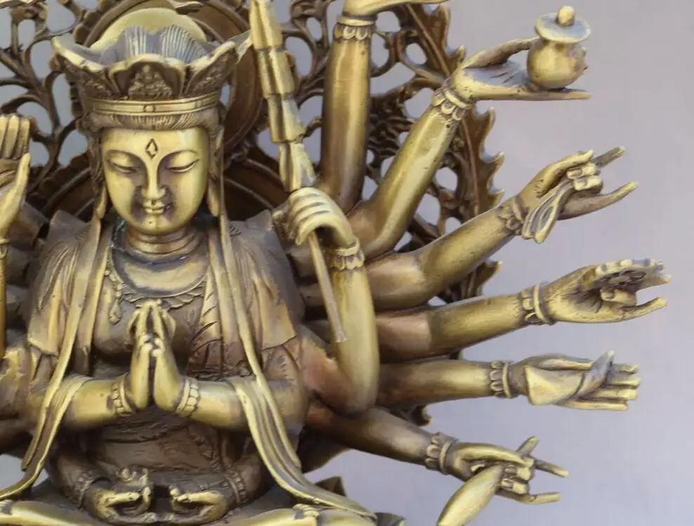 Китайская Бронзовая статуя Будды Lotus1000 Arms Avalokiteshvara Kwan-yin 11 дюймов