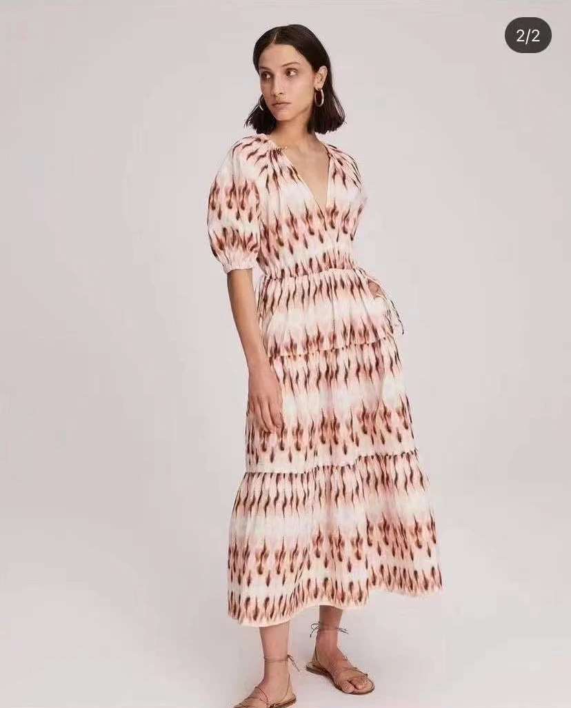 

2022 Woman Elegant Summer Original Design Printing Waist String Adjustable V-neck Short Sleeve Midi Dresses