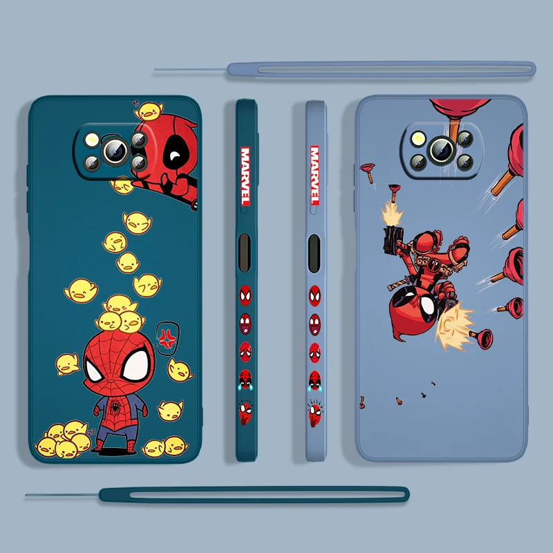 

Marvel cartoon Deadpool For Xiaomi POCO X3 NFC F3 GT M4 M3 M2 Pro C3 X2 11 Ultra Silicone Liquid Left Rope Phone Case Cover Capa