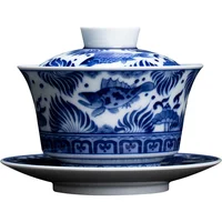 Shengda ceramic pure hand-painted Sancai covered bowl tea cup blue and white full work fish algae covered bowl pure hand-made