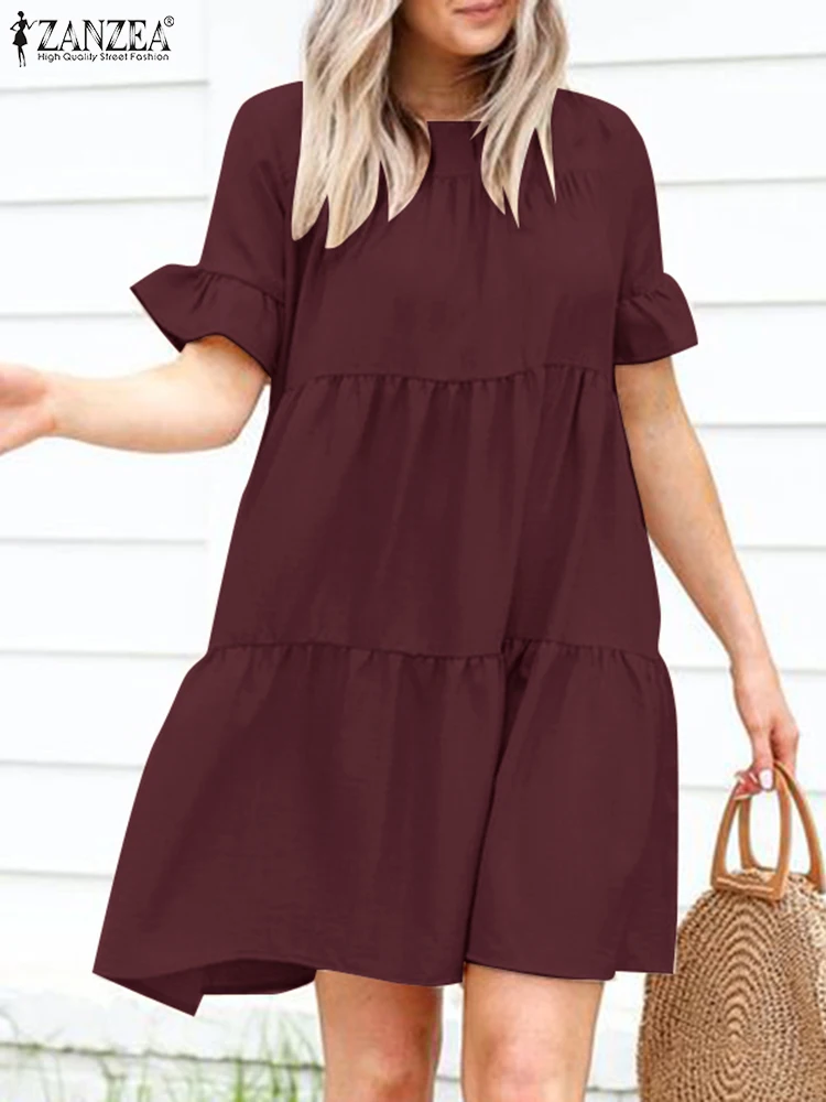 

ZANZEA Women Fashion Solid Ruffles Beach Sundress Bohemian Summer Short Sleeve Holiday Dress Female Casual Loose Vestido Kaftan