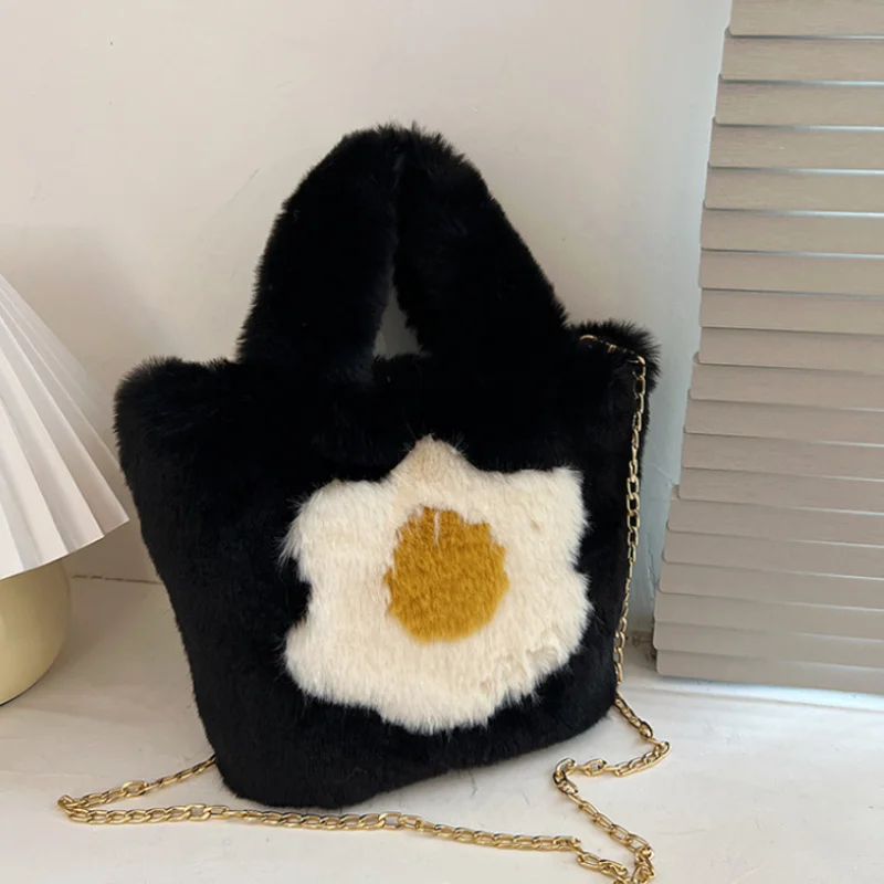 

2023 New Cute Plush Shoulder Bags Omelette Flower Crossbody Bags Female Winter Solid Underarm Bags Fluffy Tote Bags Small Purses