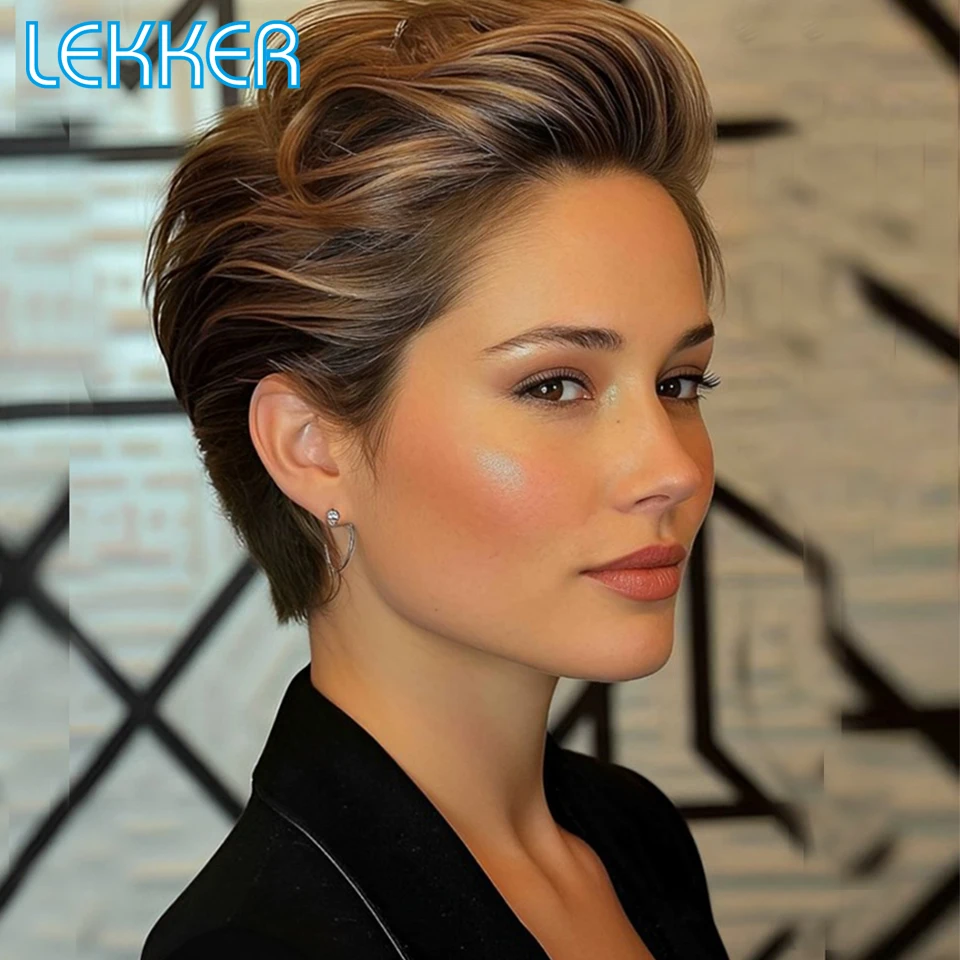 Фото Lekker Ombre Blonde Короткие стрижки пикси Прямые кружевные передние парики из 100% человеческих волос для женщин Бразильские волосы Remy Зачесанные назад парики Боб №1