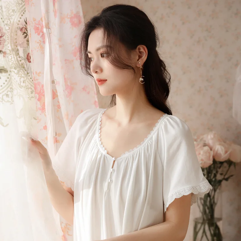 Victorian Cotton Night Dress Women Summer White Short Sleeve Long Peignoir Princess Sleepwear Vintage Nightgowns Maternity Wear