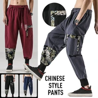 japanese kimono cotton linen pants men samurai costume ukiyo e print belt harem pants haori baggy trousers harajuku hip hop