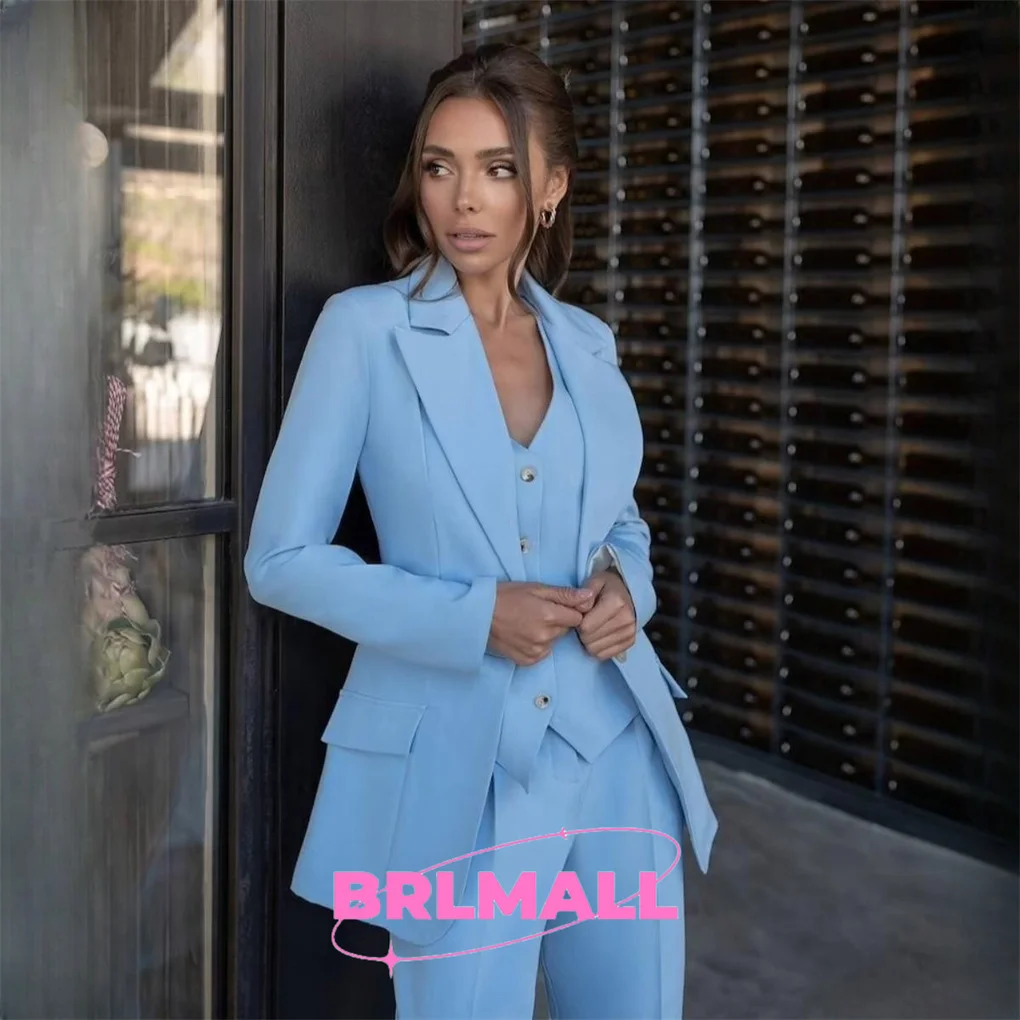 Light Blue Women's Blazer Suit 3-piece Womens Pantsuit set Blue Blazer Trouser Suit for Women Blazer Suit Set for Ladies