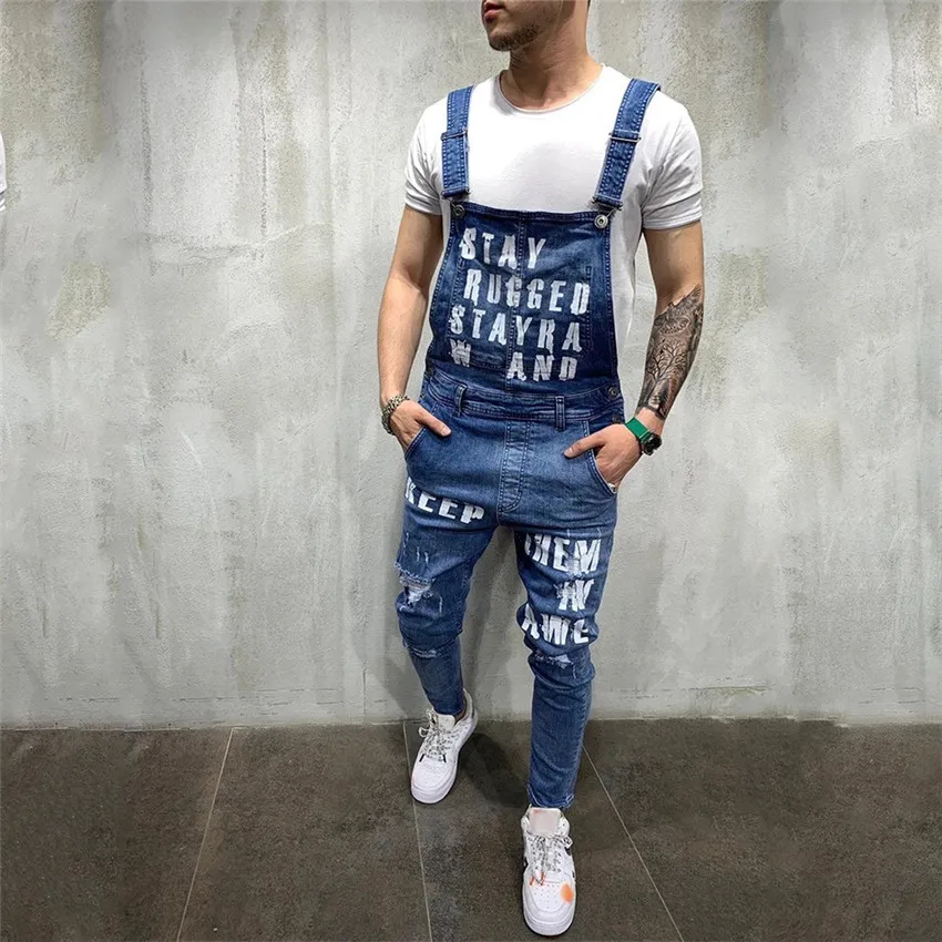 

2022 Newest America Mens Denim Pants Ripped Letter Distressed Ankle Length Bib Overalls Jumpsuits Baggy Suspender Trousers