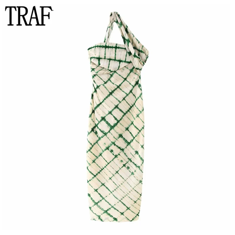 

TRAF Print Long Dress Women Asymmetric Pleated Dress Woman Off Shoulder Backless Party Dresses for Women Summer Sexy Midi Dress