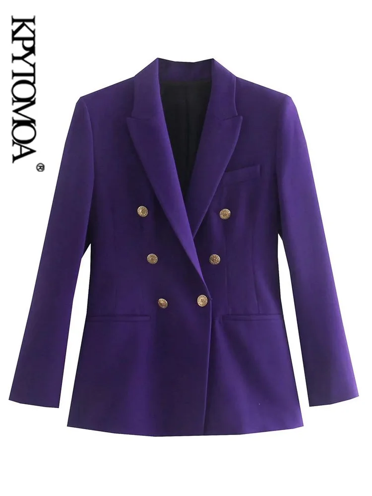 

KPYTOMOA Women Fashion Double Breasted Fitted Blazer Coat Vintage Long Sleeve Welt Pockets Female Outerwear Chic Veste Femme