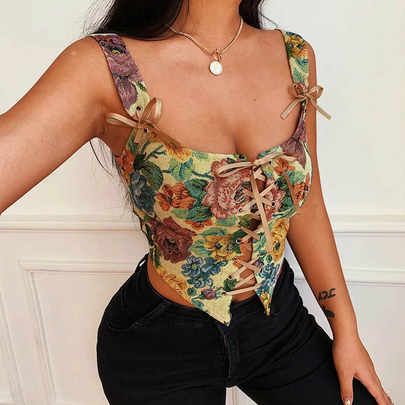 

Sexy Women Clothing Square Collar Printed Lace-up Bow-knot Bodycon Blouse Hollow Backless Suspender Clubwear Tops