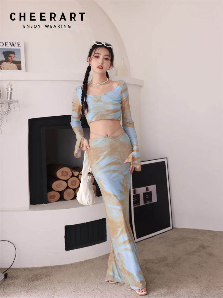 

CHEERART Beach Mesh 2 Piece Sets Women Outfit Summer 2023 Tie Dye Crop Top And Long Skirt Set Vacation Outfits Clothes