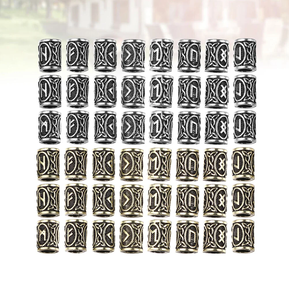 

48pcs Decorative Viking Rune Beard Beads Pirate Style Carved Dreadlock Beads Tubes DIY Supplies (Golden and Silver for Each