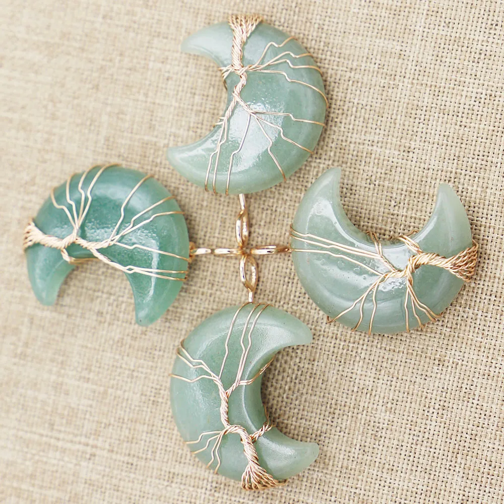 Natural Crystal Moon Life Tree Handmade Copper Wire Wound Pendant Necklace Reiki Healing Green Crescent Jewelry Wholesale3Pc/Lot