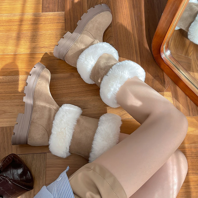 

Зимние сапоги для женщин, сапоги до середины икры, сапоги на плоской подошве и низком каблуке, женские меховые рабочие сапоги без застежек, т...