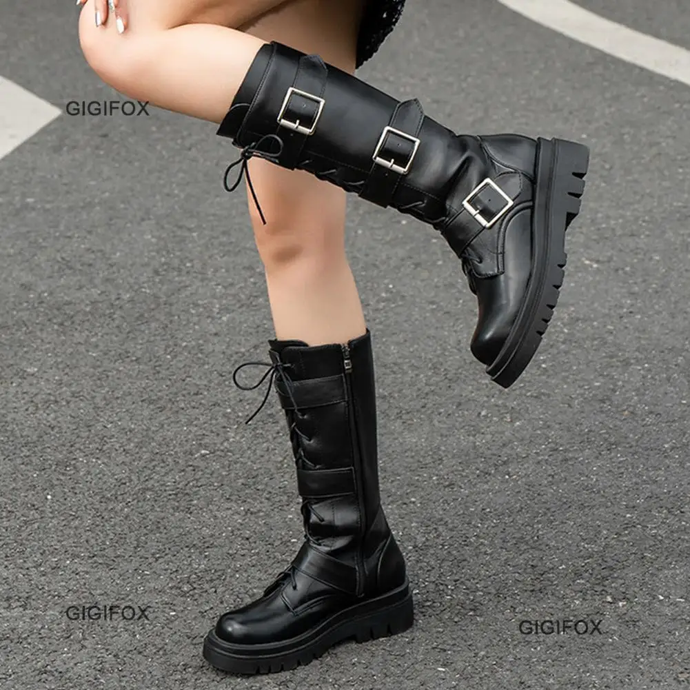 

GIGIFOX Platform Boots For Women Knee High Med Calf Boots Goth Fashion Punk Shoes Autumn Buckle Lace Up Low Heel Classic Brand