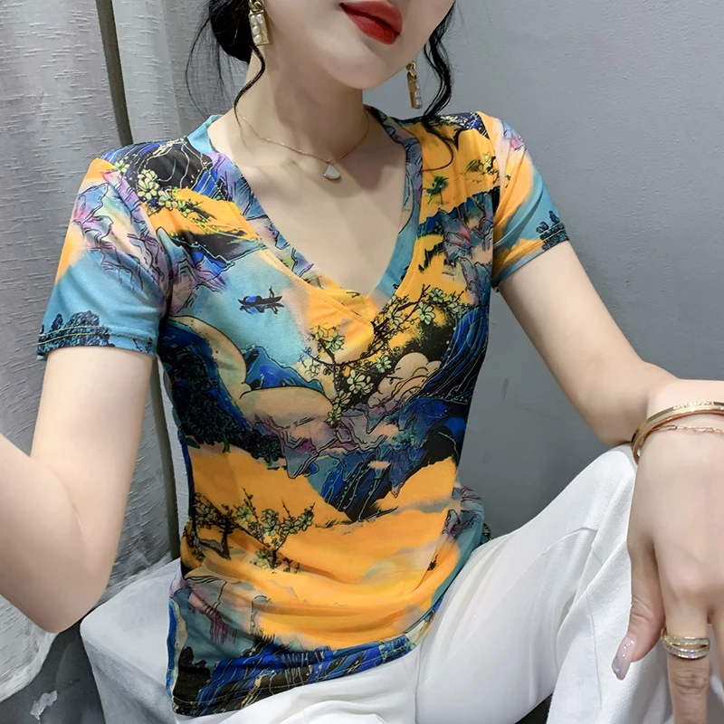 

New 2022 Summer Short Sleeved V-Neck Printed Women Tops Shirt Elegant Slim M-3XL Mesh Female T-Shirt
