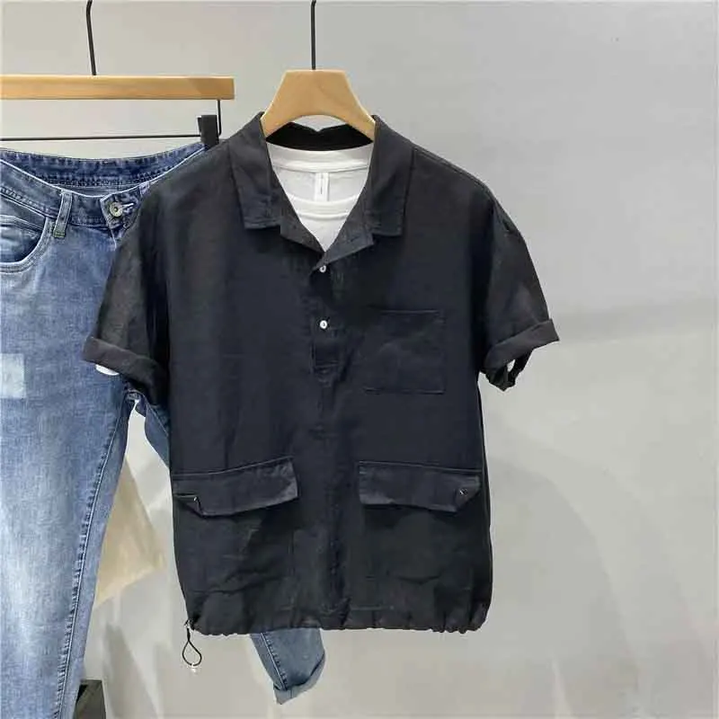 

Summer Japan Style Loose Short Sleeve Men T Shirts Casual Fashion All-match Pocket Tooling Harajuku Oversized Clothing Top Black