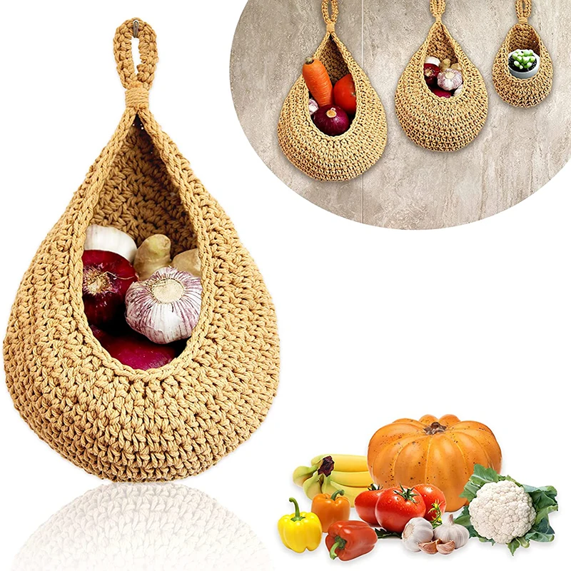 

3 Size Hanging Basket Handmade Jute Kitchen Holder Teardrop Boho Fruit Basket Plant Vegetable Keeper Potato/Onion Pantry Storage