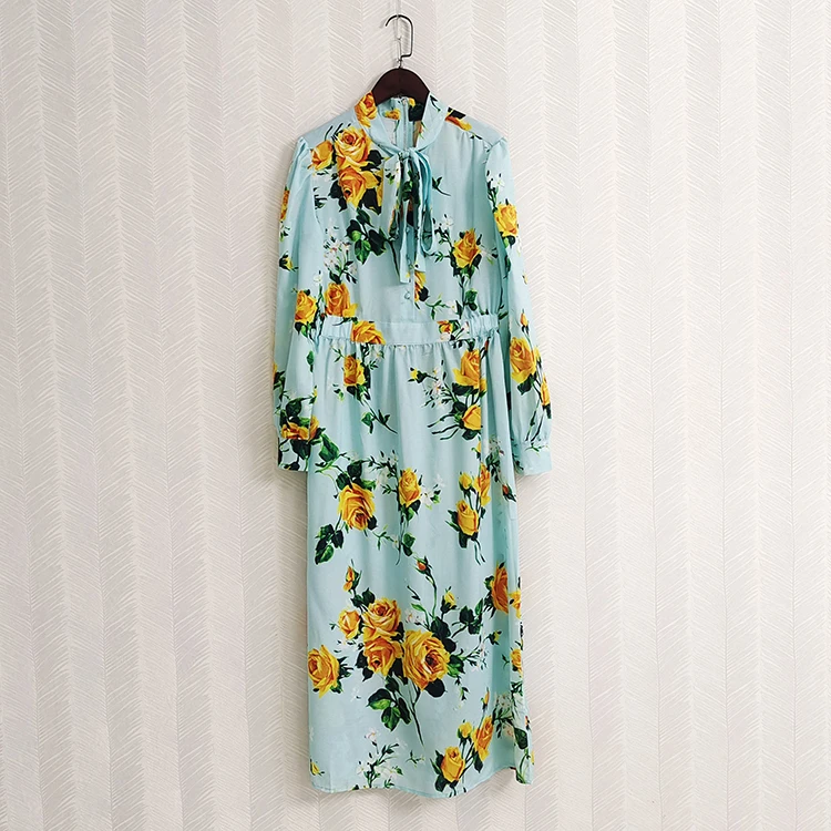 

Sicilian Elegant Ribbon Bow Women Blue Dress Full Sleeves Flower Printed Belt Sashes Party Vacation Long Dresses Clothes