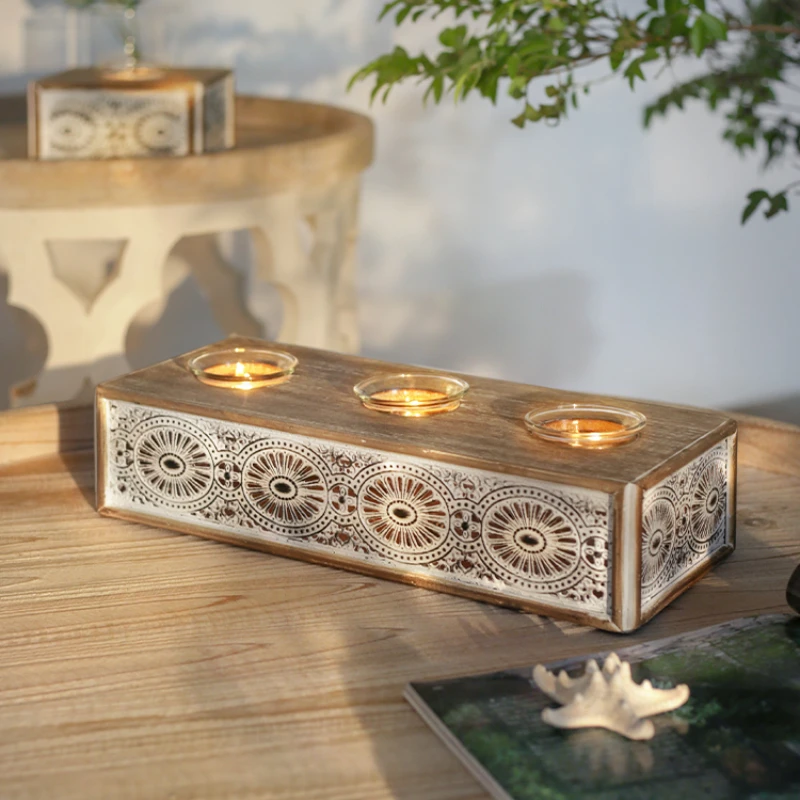 Pastoral Style Wooden Vintage Carved Glass Candle Holder Creative Aromatherapy Decoration