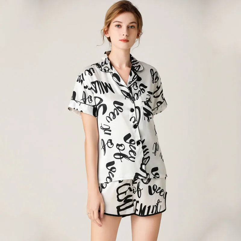 Women's Sleepwear 2 Pcs Sets Silk Printed Short Sleeve Shirt and Shorts Pajamas Set