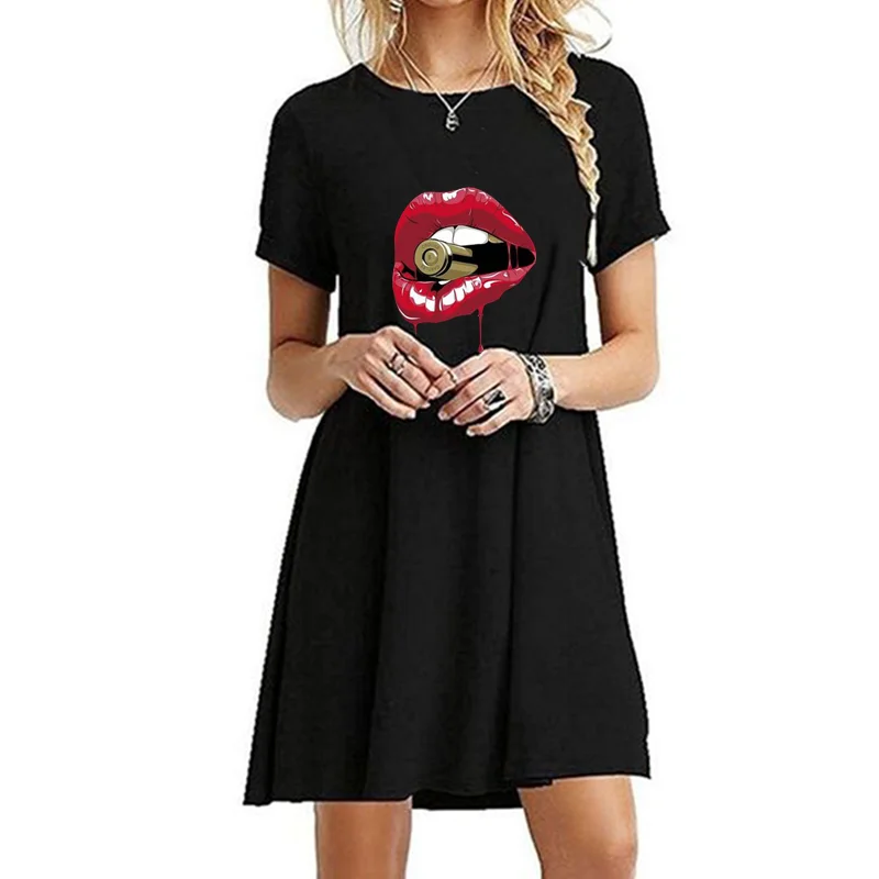 

Bikinis Secret Kiss Printed Dresses Ladies O-Neck Above Knee Shirt Casual Sexy Party Mini Skirts Short Sleeve Dress for Women