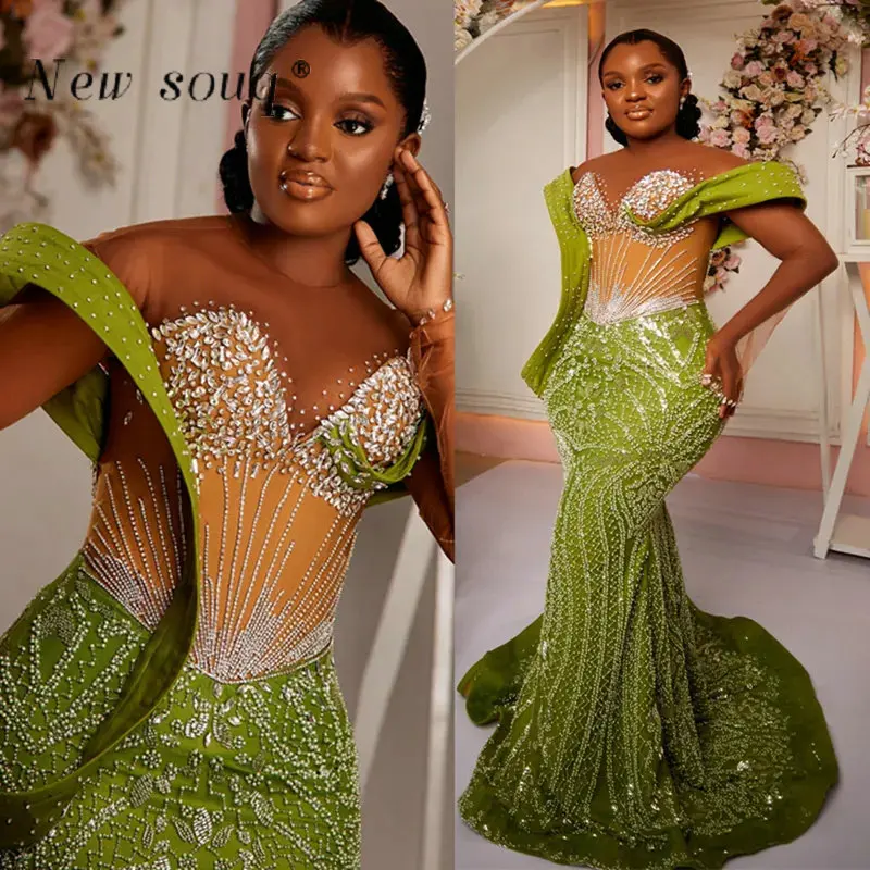2024 Aso Ebi блестящие вечерние платья-русалки цвета кукурузно-зеленого для