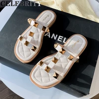 2022 new summer flat riveted slippers for women korean fashion brand design sandals casual outdoor shoes free shipping