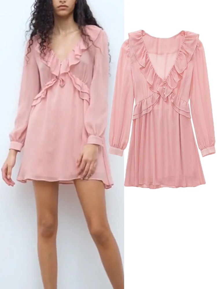 

Dress New Fashion Simple V-neck Ruffled Pink Women Dress 2022 New Elegant Chic Street Casual Youth Student Dress Women
