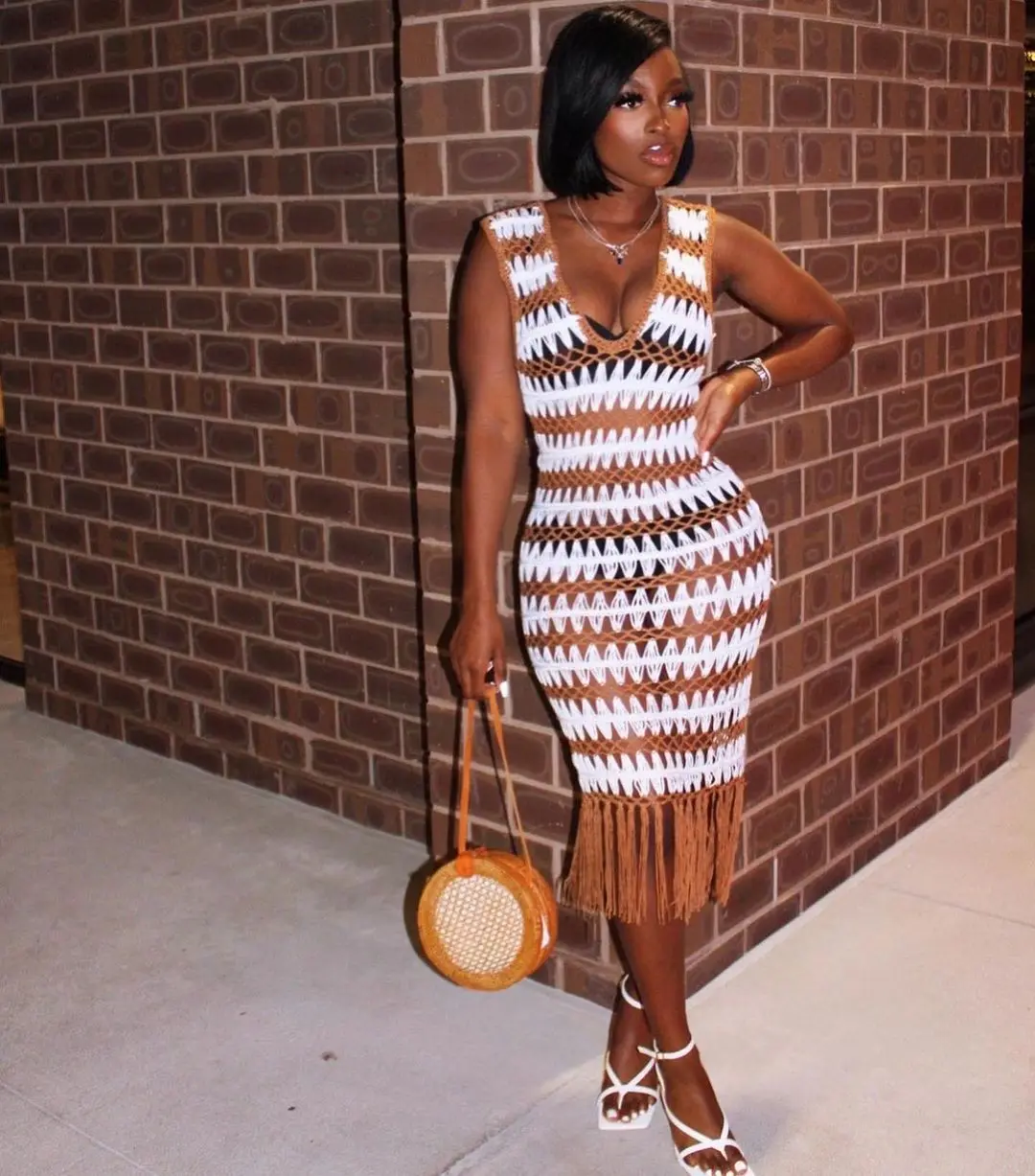 

Женское облегающее пляжное трикотажное платье без рукавов, обтягивающее длинное платье с принтом и бахромой, женская одежда, уличная одежд...