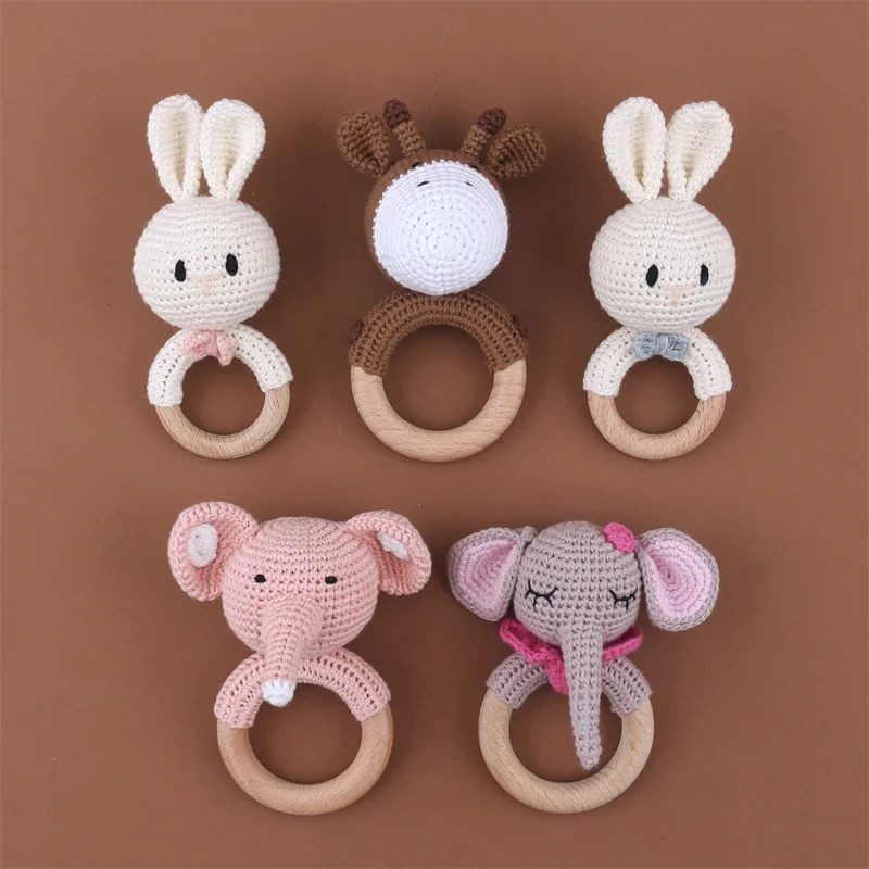 

1pc Baby Teether Toy Rattles For Kids Cartoon Animal Crochet Rattle Elephant Wooden Ring Babies Gym Montessori Children's Toys