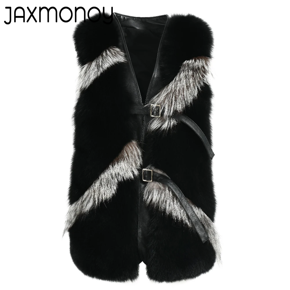 Jaxmonoy Women Real Fox Fur Vest 2022 New Arrival Diagonal Stripes Fashion Sleeveless Coat Autumn Winter Ladies Luxury Gilet