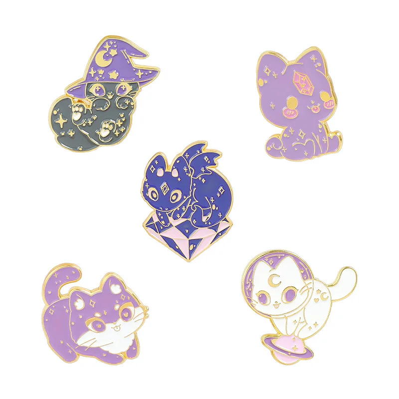 Cartoon Cute Purple Animal Cat Enamel Pins Planet Diamond Kitten Star Alloy Brooch Badge Fashion Women Jewelry Gift images - 6
