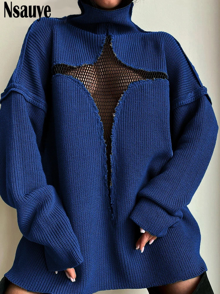 Пуловер Nsauye Y2K вязаный джемпер оверсайз топы ажурные Лоскутные водолазки с